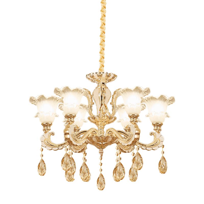 Frosted Glass Gold Pendant Light Ruffle 6 Heads Traditional Chandelier Lamp for Dining Room