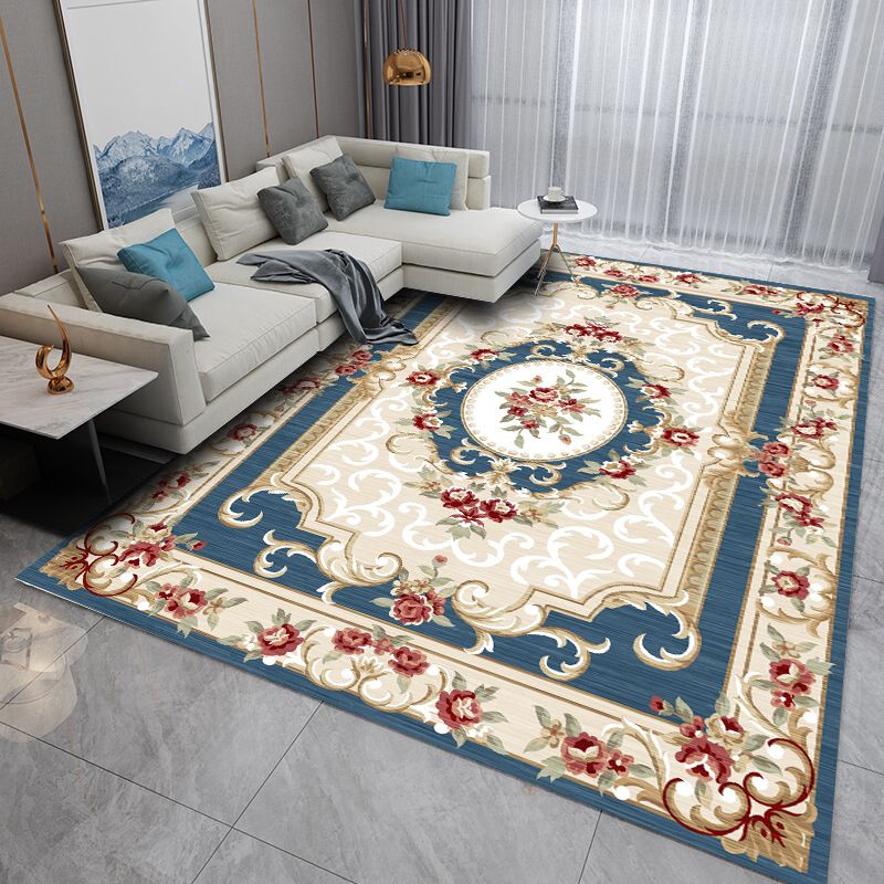 White Tone Modern Area Carpet Polyester Floral Print Indoor Rug Anti-Slip Backing Carpet for Living Room