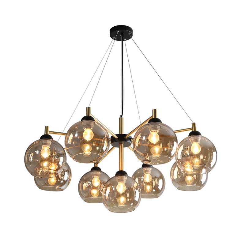Post-Modern Globe Chandelier Lighting Amber Glass 9 Bulbs Living Room Ceiling Hang Fixture in Brass