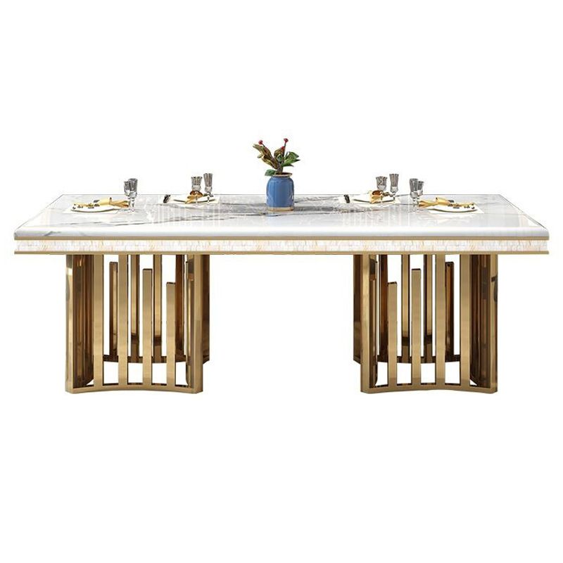 Traditional Luxury Marble Dining Table Rectangle Table with Metal Double Pedestal in Gold