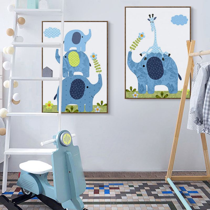Elephant Canvas Wall Art Cartoon Cute Animal Pattern Wall Decor in Blue for Nursery