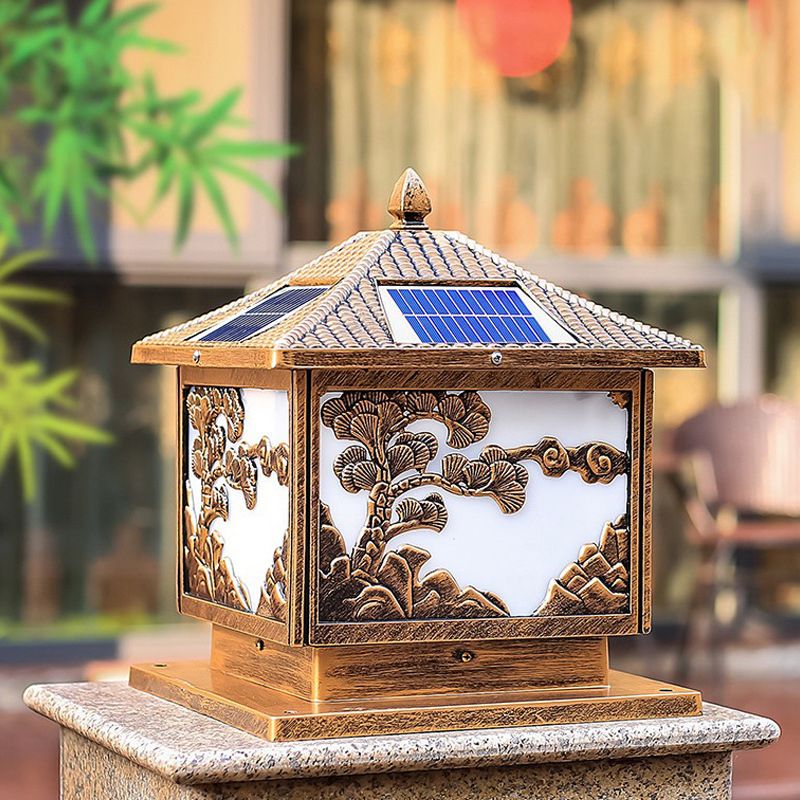 Rectangle Shape Metal Outdoor Lamp Modern Style Single Light Solar Pillar Lights