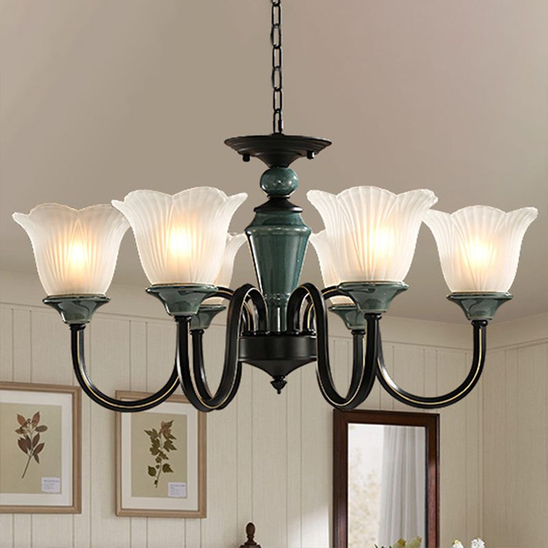 Blackish Green Floral Suspension Light Rustic Frosted Glass Living Room Chandelier Light with Curved Arm