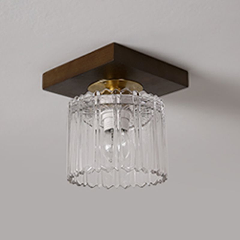 Modern Wood Ceiling Light Geometric Shape Flush Mount with Glass Shade for Living Room