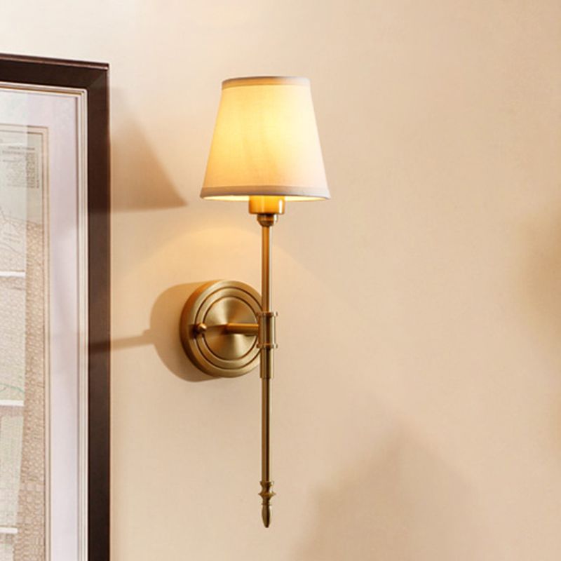 Tapered Bedroom Wall Light Kit Minimalist Fabric 1 Bulb Gold Wall Mount Reading Lamp with Pencil Arm