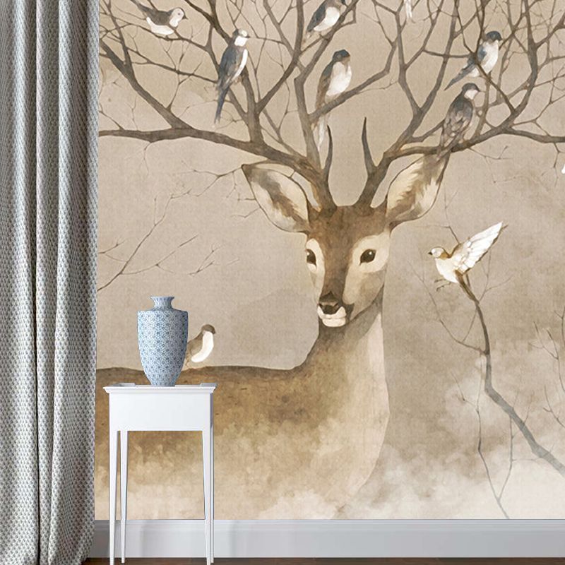 Large Animal Murals for Home Deer with Bird Patterned Wall Art in Brown, Waterproof