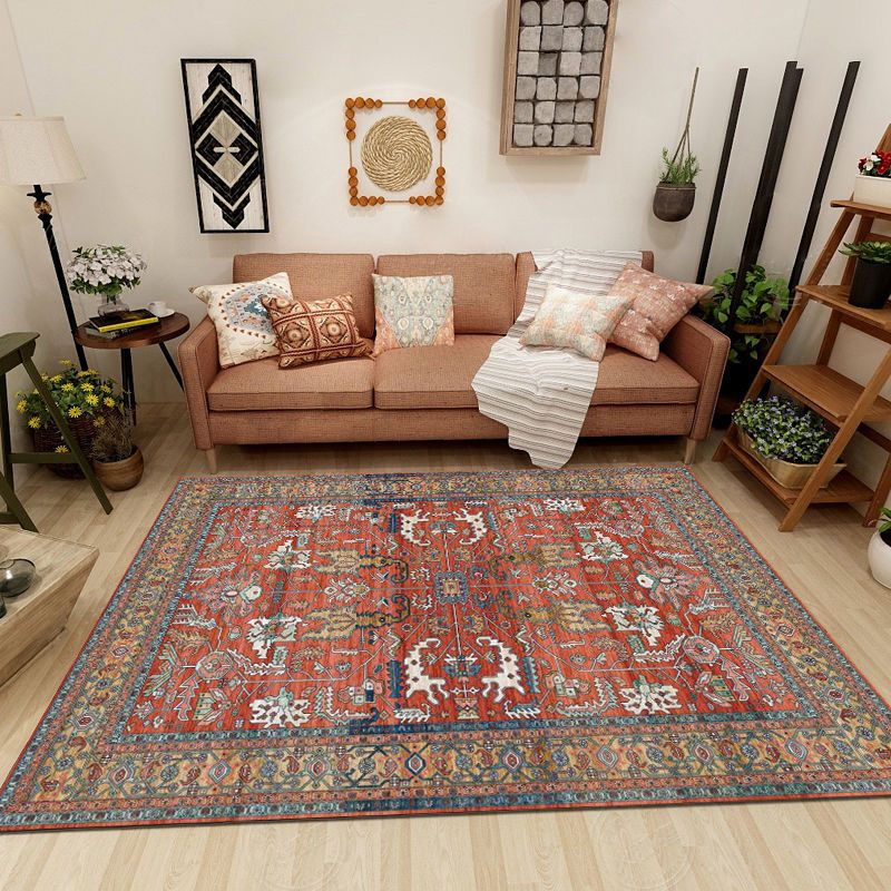 Morocco Antique Print Area Rug Red Polyester Area Carpet Easy Care Rug for Living Room
