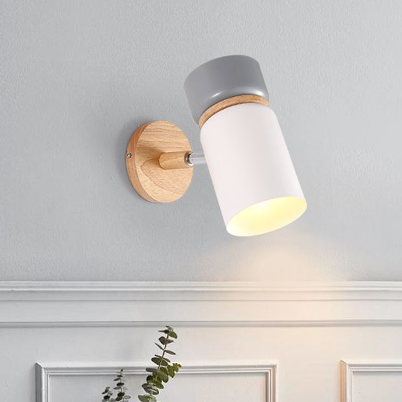 Grey-White Cylindrical Rotating Sconce Nordic Single Iron Wall Mounted Lamp with Wood Accent