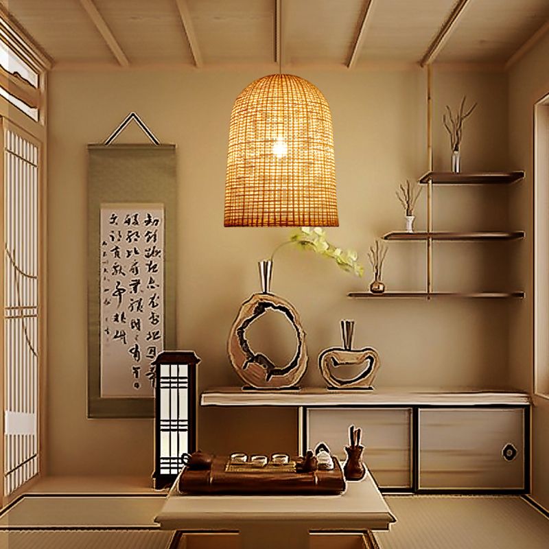 Contemporary Basket Suspension Pendant Light Bamboo 1 Light Dining Room Hanging Lamp in Beige