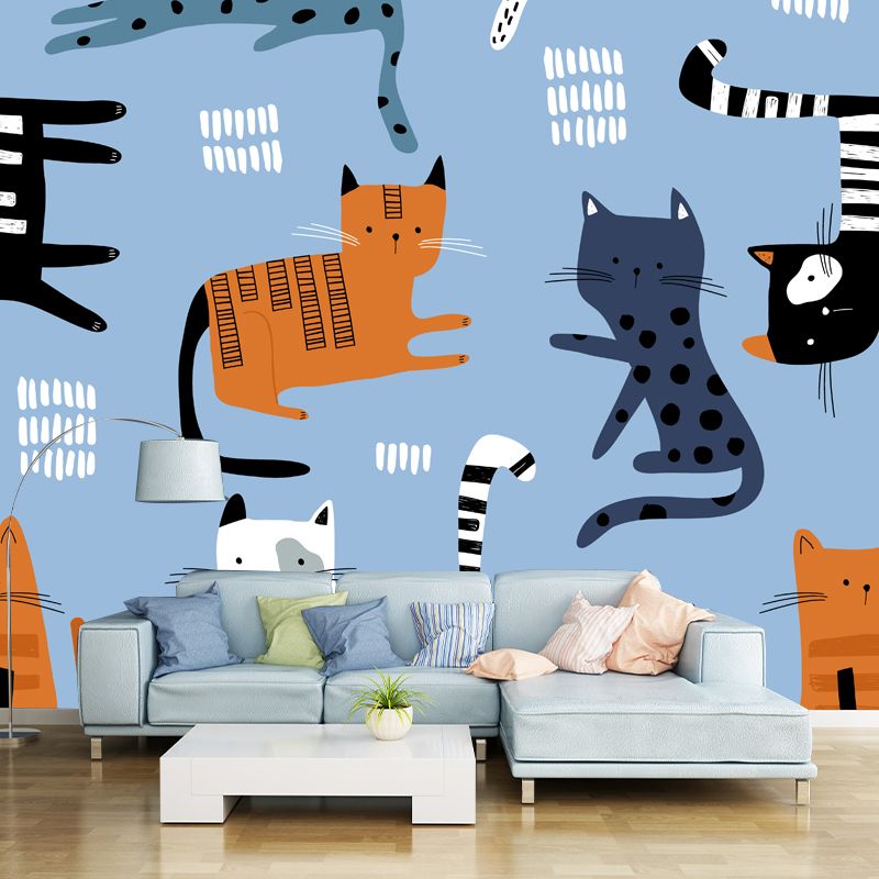 Large Cat Wall Covering Mural Blue Non-Woven Fabric Wall Art, Stain-Proof, Optional Size
