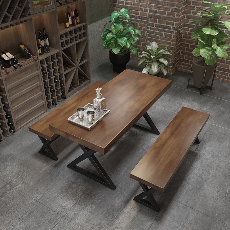 Industrial Style Rectangular Solid Wood Dining Table with Double Pedestal Iron Legs