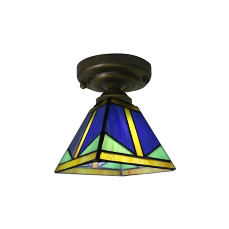 Vintage Tiffany Blue Ceiling Light Pyramid One Light Glass Small Flushmount Light for Hallway