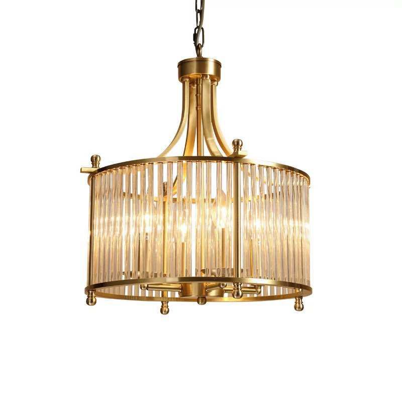 Drum Shaped Dining Room Chandelier Traditional Clear Glass Rod 4-Light Gold Ceiling Pendant