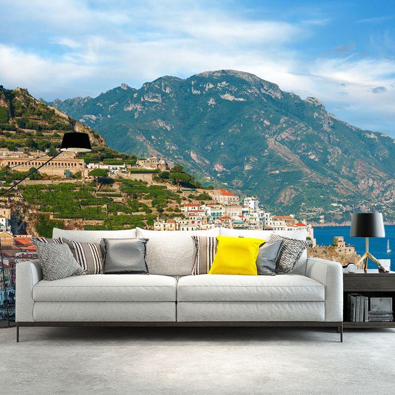 Mediterranean Water City Wall Mural Soft Color Stain-Proof Wall Art for Family Room