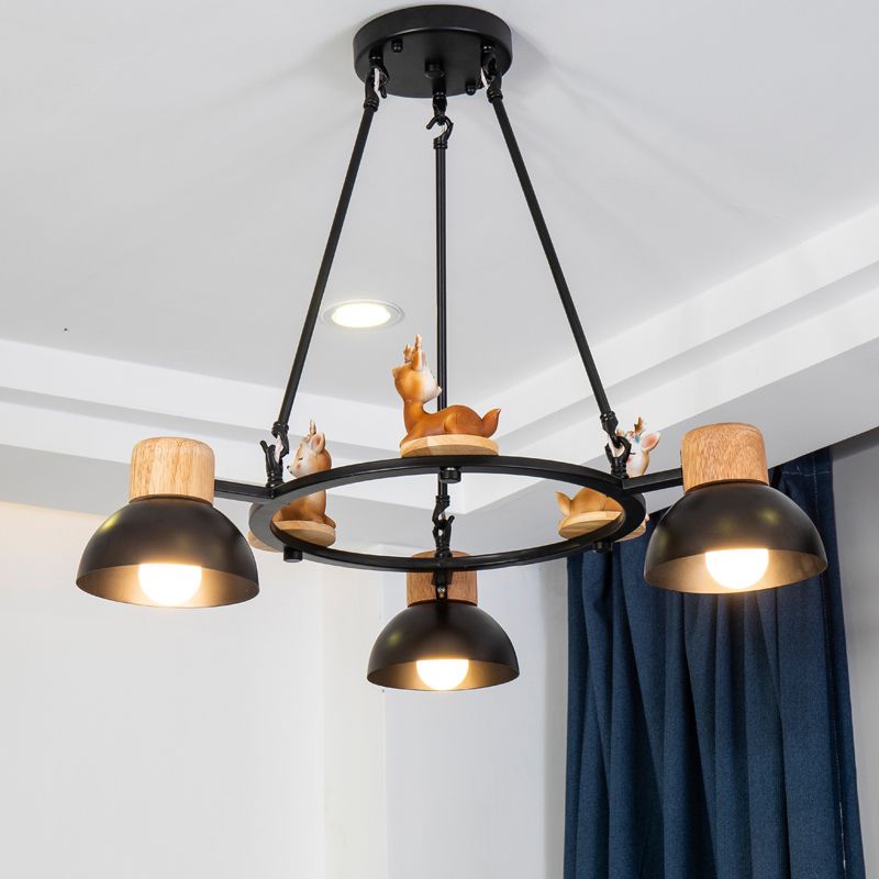 Kids Domed Pendant Chandelier Metal 3/6 Lights Living Room Suspension Lighting with Deer/Horse Decor in Black/White