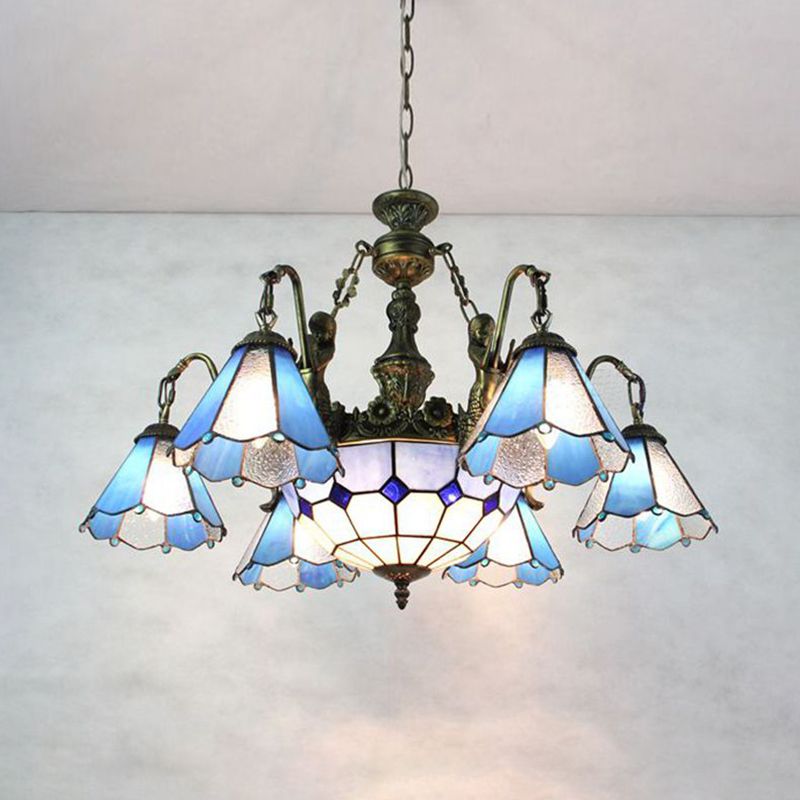 Azul 9 luces Candelier colgante Tiffany Glass Curring Light para comedor