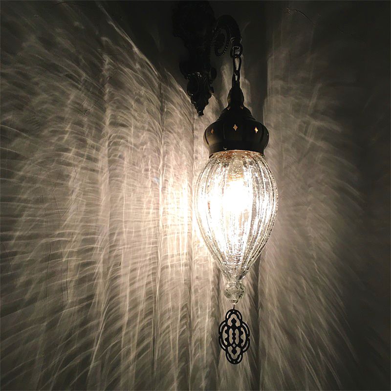 Traditional Teardrop Sconce Black/White/Light Blue Glass 1 Head Wall Mounted Lamp with Carved Metal Arm