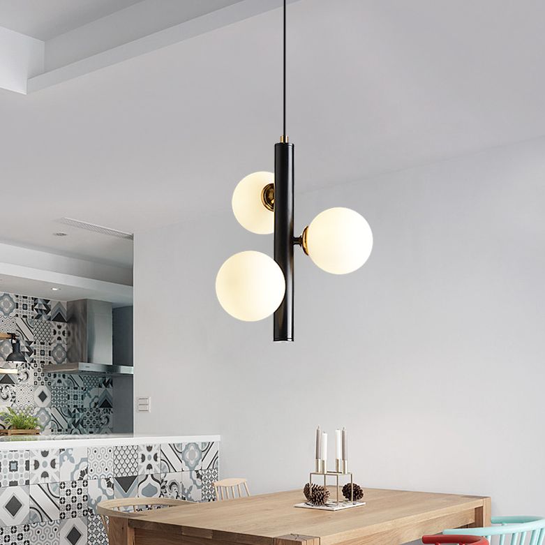 Modern Minimalist Linear Chandelier Light Fixture Spherical White Glass 3 Light Ceiling Chandelier