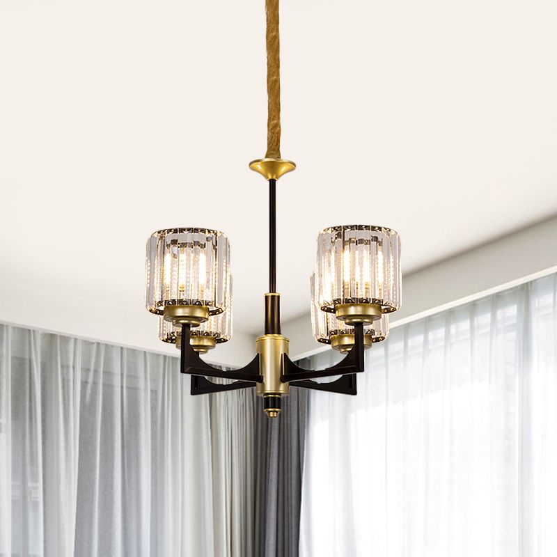Black and Gold Cylinder Chandelier Modern Clear Crystal Glass 4/6 Heads Dining Room Pendant