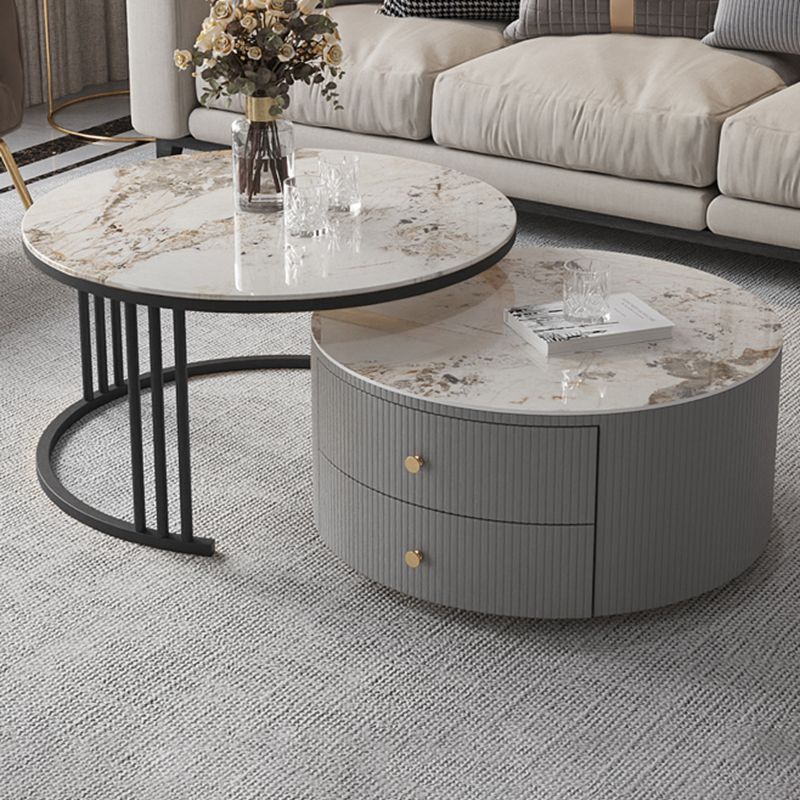 Contemporary Cocktail Table Round Glass / Slate Coffee Table with Drawers