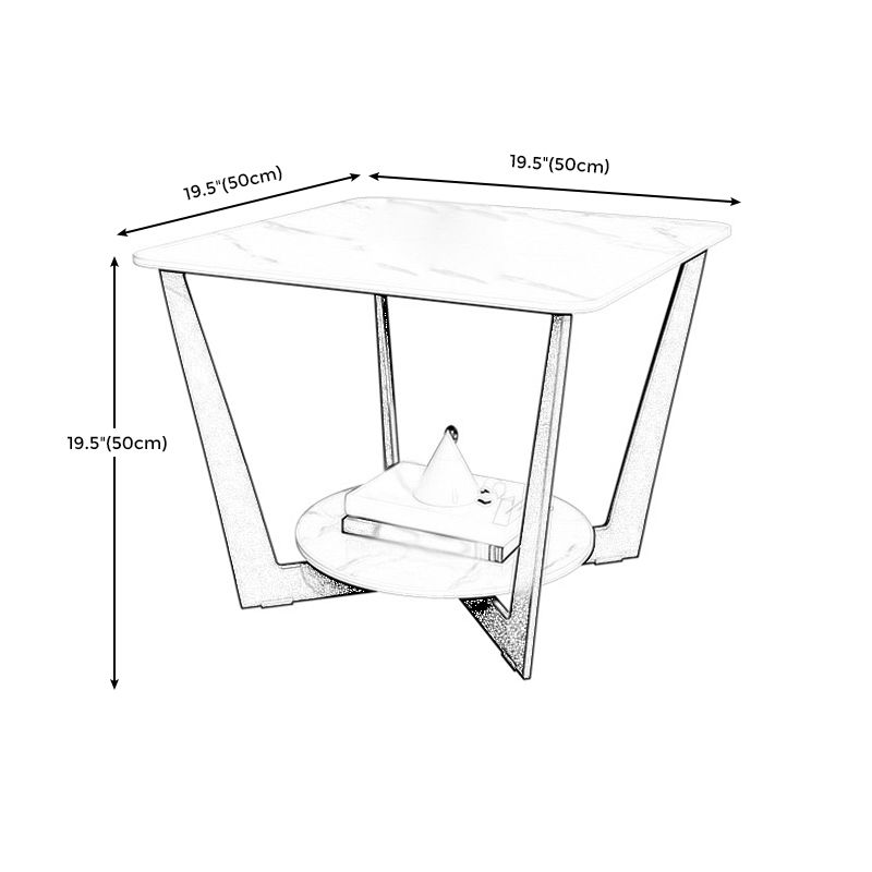 Square Marble Top End Table Metal Frame Sofa Side End Table with Shelf