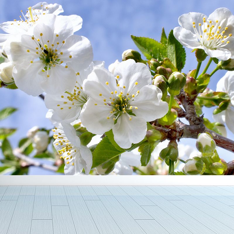 Modern Blossom Mural Decal Non-Woven Texture Waterproofing White Wall Art for Indoor