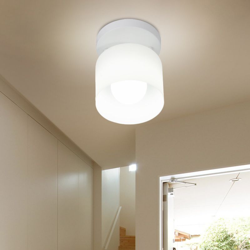 Cylinder Bedroom Flush Ceiling Lighting White Glass 1 Bulb Simple Flush Mounted Lamp