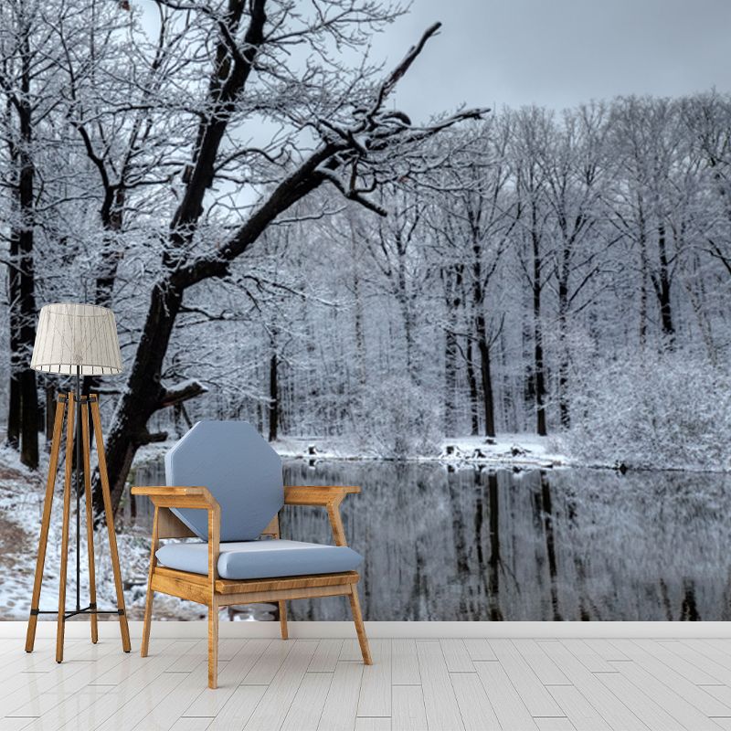 Lake Reflection Snowy Tree Mural Wallpaper Grey Modern Wall Covering for Bedroom