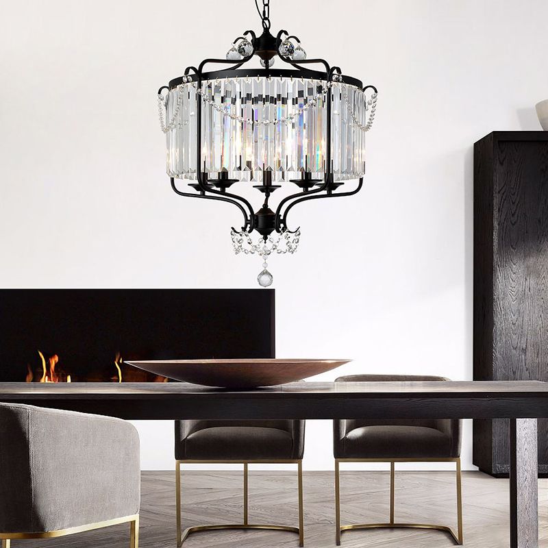 Faceted Crystal Chandelier Lamp Round Countryside Pendant Light Kit with Wire Cage for Living Room