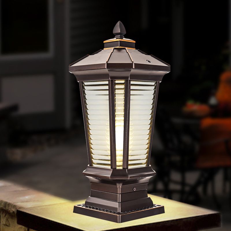 Metal Contemporary Pillar Lamp Pavilion Shape Outdoor Waterproof Light with Glass Shade