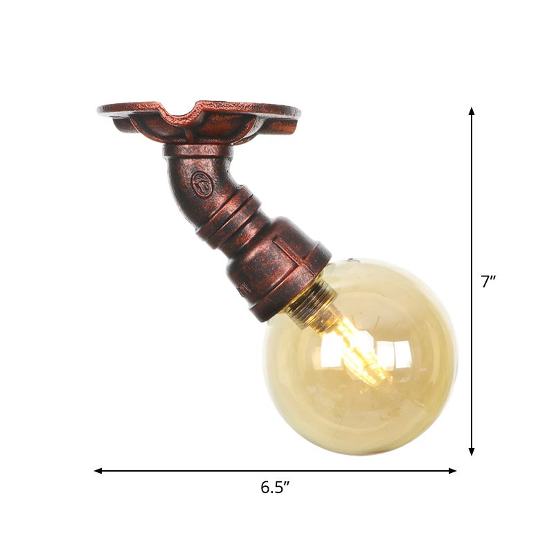 Copper Finish 1 Light Semi Flush Mount Vintage Amber Glass Orb Flush Ceiling Lamp Fixture