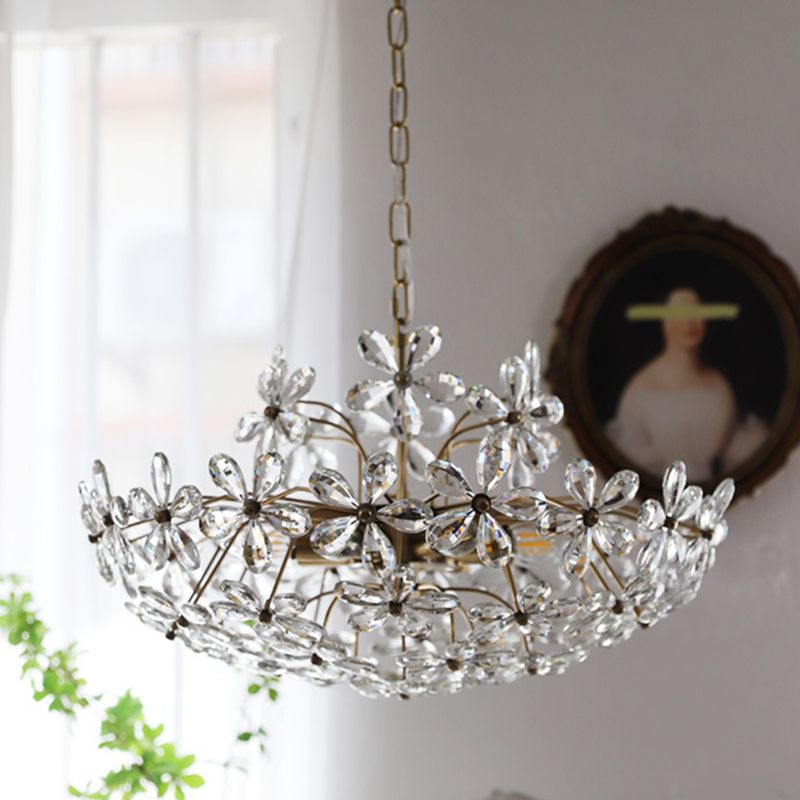 Fantasy Petal-shaped Crystal Chandelier Vintage Brass Multi-lights Lighting Fixture for Living Room