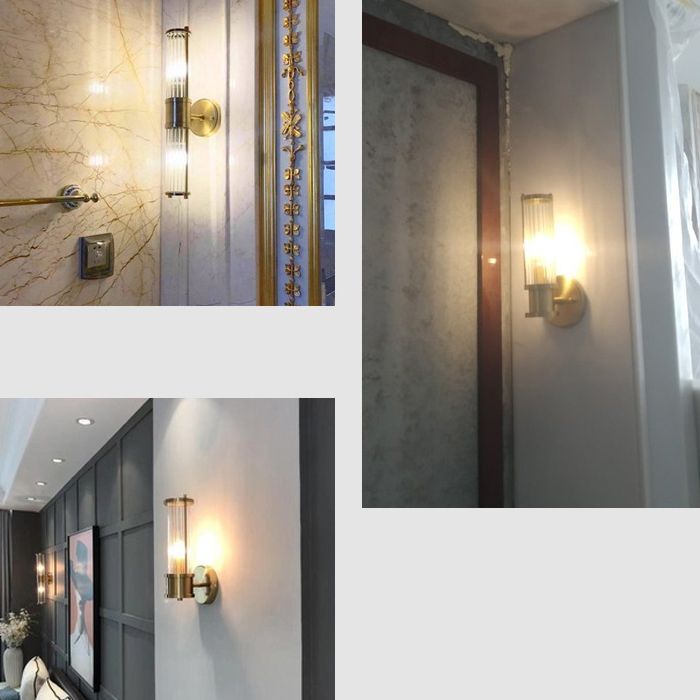 Gold Cylindrical Wall Sconce in Modern Luxury Style Copper Indoor Wall Light with Crystal Shade