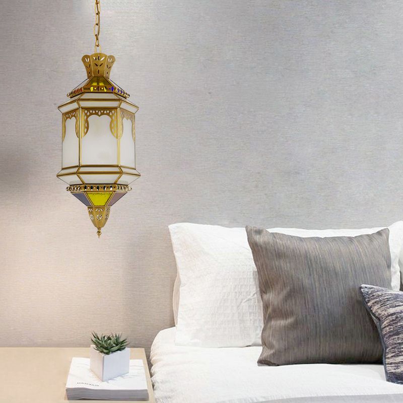 Lantern Frosted Glass Drop Lamp Antique 1 Head Restaurant Hanging Ceiling Light in Brass