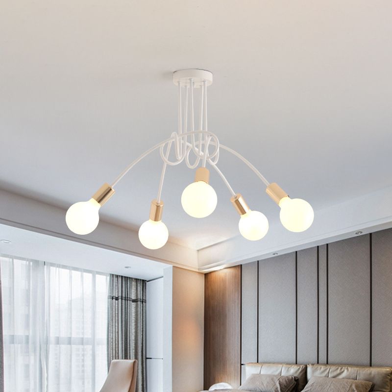 White Sputnik Exposed Bulb Flush Mount Industrial Retro Ceiling Light with Wrought Iron Stem