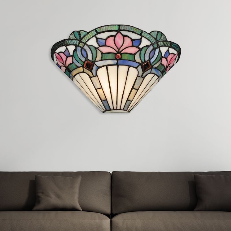 Lotus Wall Sconce Light Traditional Stained Glass 1 Bulb Wall Lighting in Pink and Green for Corridor
