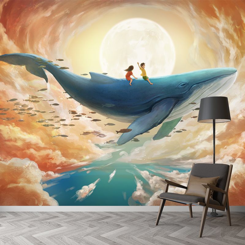 Smooth Whole Yellow-Blue Mural Childrens Art Kids Trip with Whale Under Super Moon Wall Covering, Custom Made