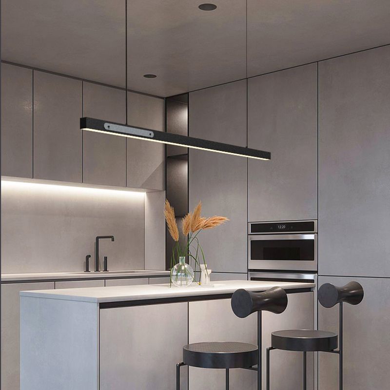Black Metal Island Lamp Modern 1-Light Linear Restaurant Pendant Light