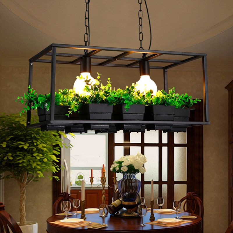Black/White 2 Heads Island Lamp Antiqued Metal Rectangle Plant Hanging Ceiling Light for Restaurant, 21.5"/25.5" Long
