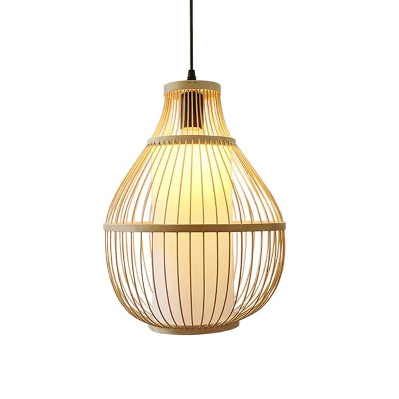 Beige Pear Hanging Lamp Chinese 1 Head Bamboo Ceiling Pendant Light for Dining Room