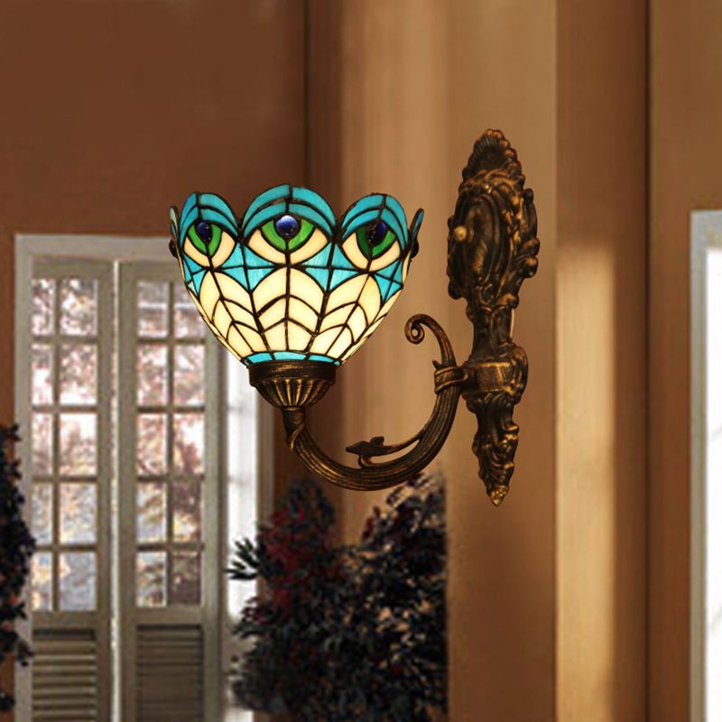 Scalloped Wall Sconce Light with Peacock Stained Glass 1 Bulb Tiffany Wall Lighting