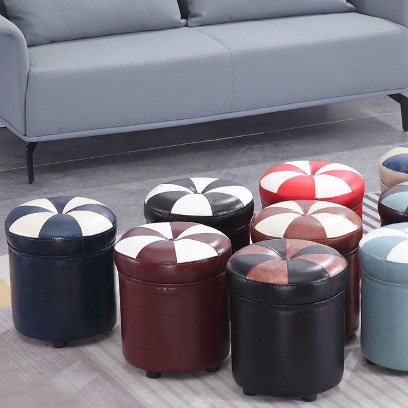 Wine Red Round Pouf Leather Color Piece Pouf for Drawing Room