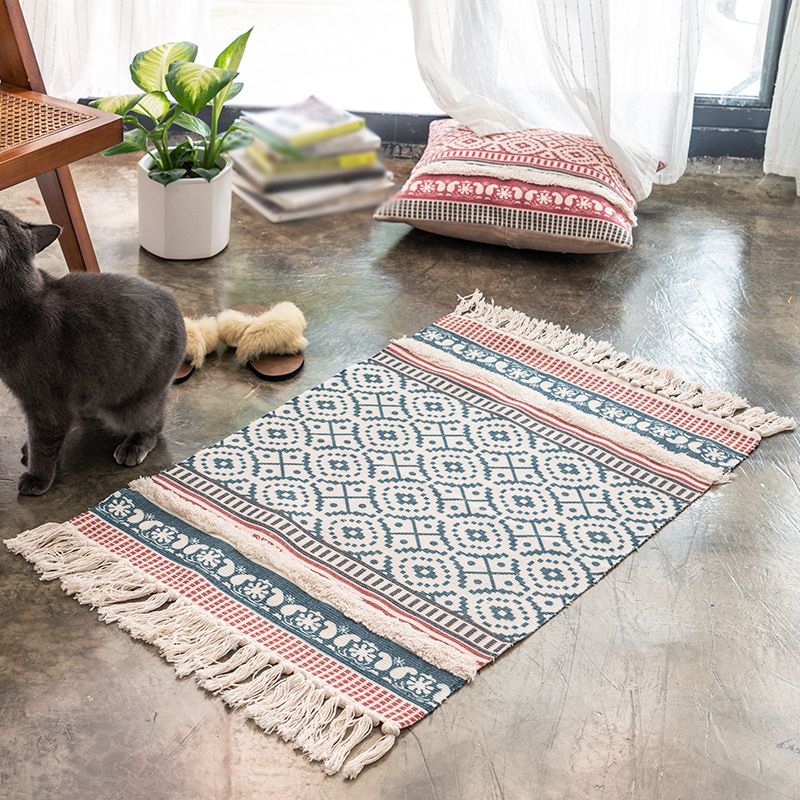 Boheemse binnenduien Funky Washable Rug Cotton Blend Tapijt met franje