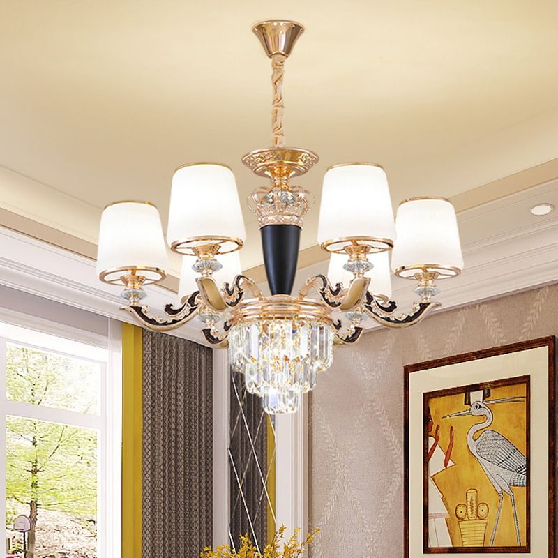 Cono di vetro opale pendente sospeso a sospensione del lampadario per camera da letto a 6 teste in nero e oro con arredamento cristallino