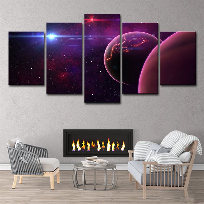 Universe Wall Art Kids Dreamy Planet and Stars Canvas Print in Purple for Bedroom