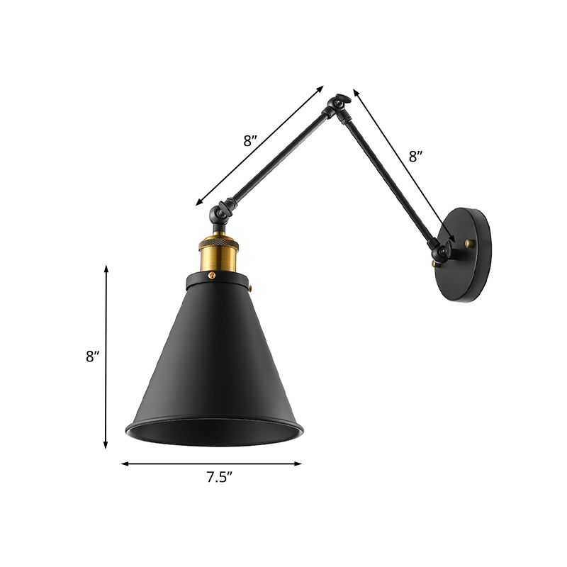 Swing Arm Indoor Wall Lighting with Conic Shade Retro Metal 1 Light Black Wall Mount Light