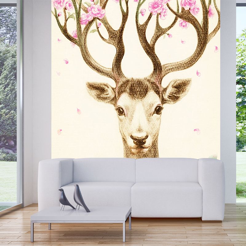 Artistry Girls Wall Mural with Flower on Deer Antler Drawing Pattern Beige Wall Covering for Decor