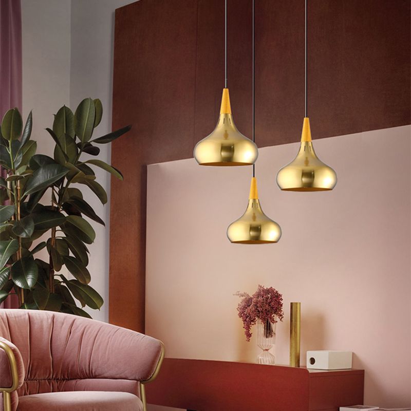 Gold Wood Capped Ceiling Pendant Light Minimalist Style Metal Hanging Light Fixture