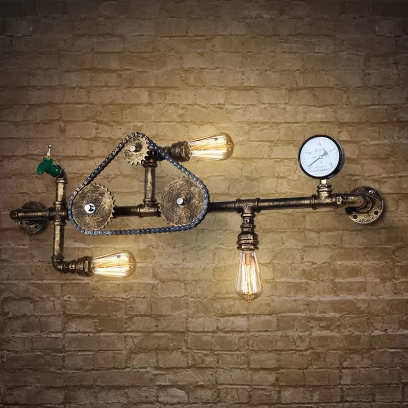 Wrought Iron Gear Water Pipe Wall Light Industrial Style 3-Bulb Living Room Wall Sconce in Copper/Bronze