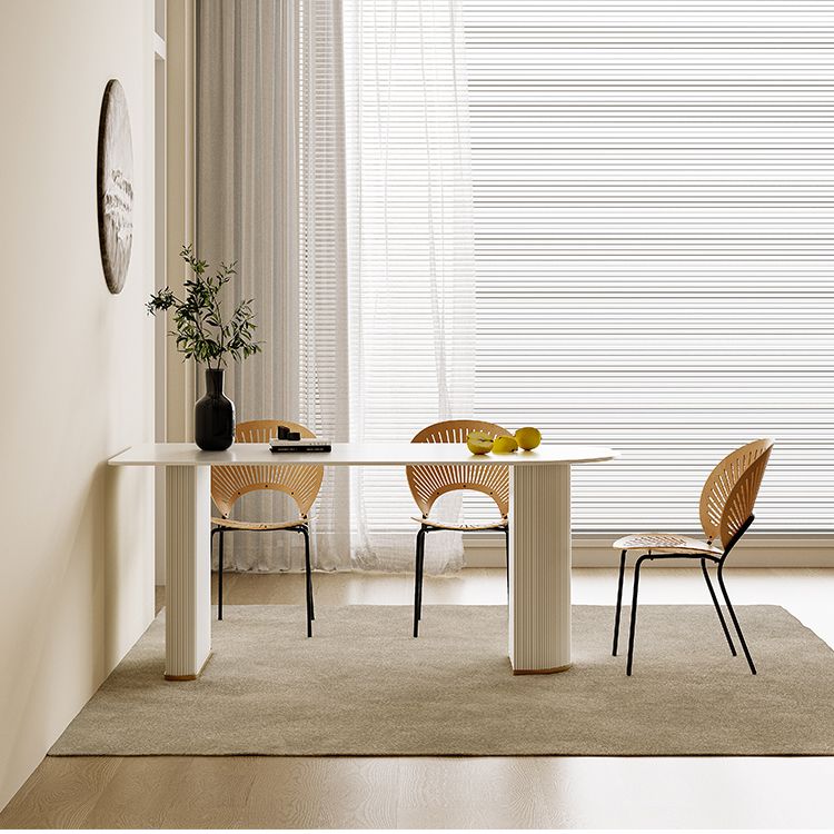 Double Pedestal Dining Table Stone Top Dining Table in White for Kitchen